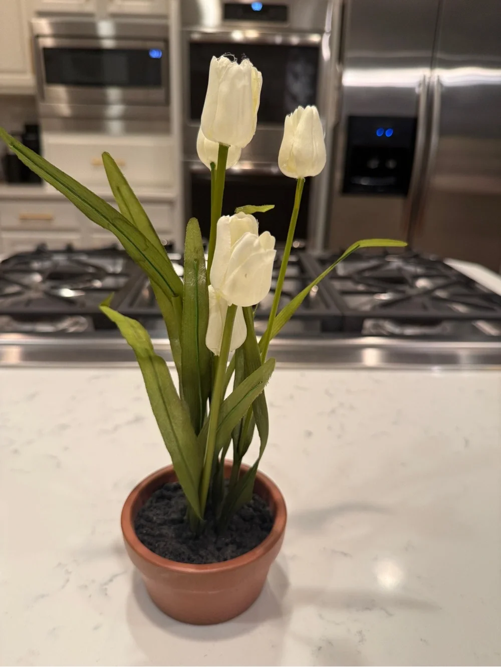 Pottery Barn Faux White Tulip Floral Arrangement Terracotta Pot Cottage Decor